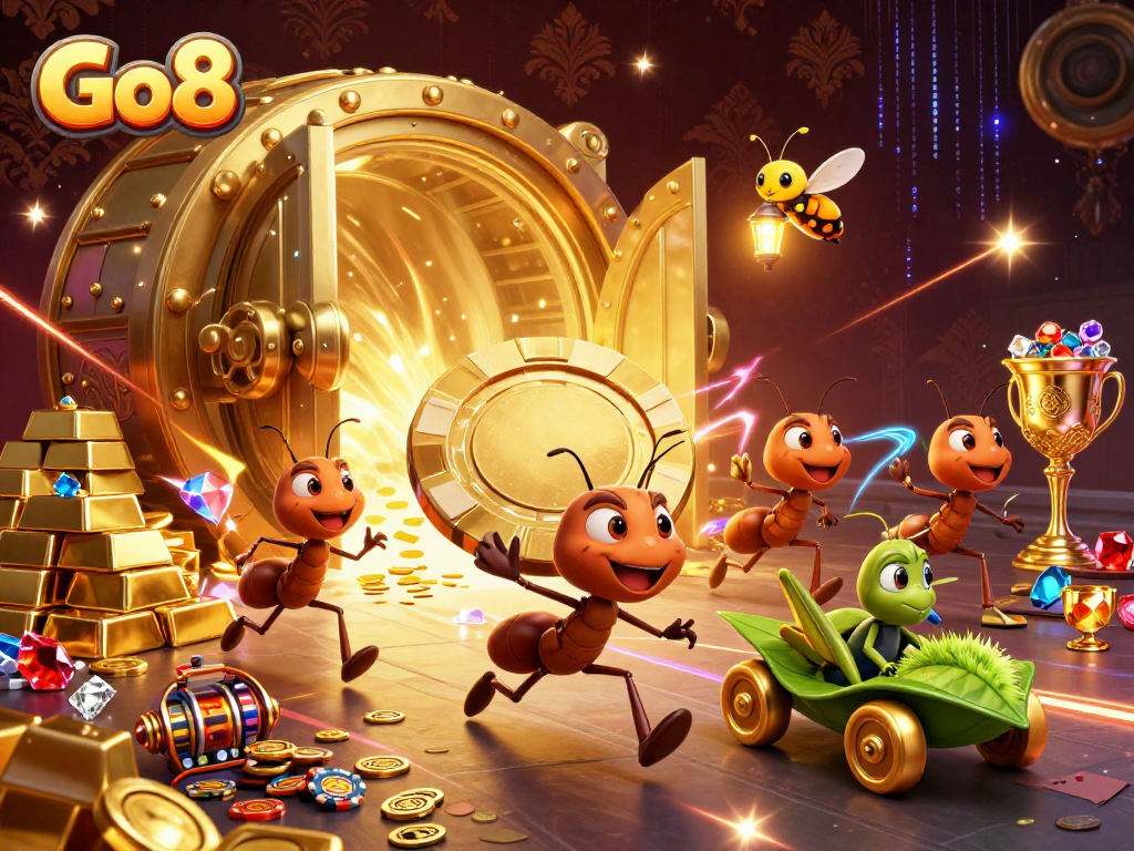 Go8 players embark on a heist with ants carrying a poker chip, surrounded by treasures.