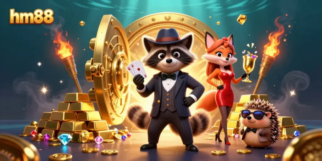 Join the excitement at hm88 with a stylish raccoon showing a royal flush in a luxurious casino scene.