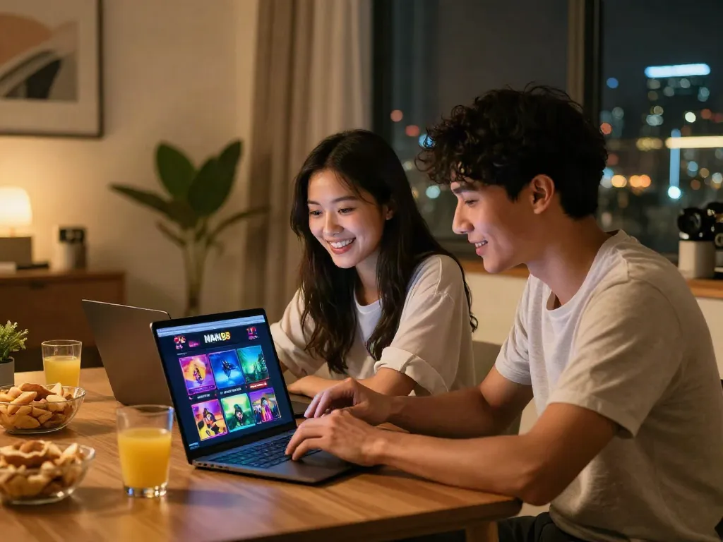 Young adults engaged in online gaming on https://man881.jp.net/ in a cozy home setting.