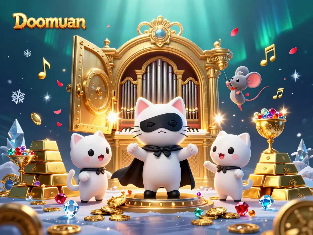 Doomuan showcases thrilling gameplay with a charming casino scene featuring a masked cat and shimmering treasures.