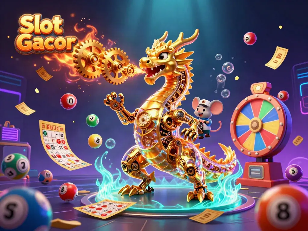 Experience vibrant Slot Gacor action with a golden dragon and playful game elements in a dynamic scene.