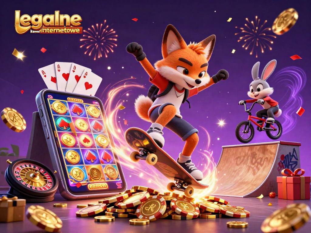 Experience excitement in legalne kasyna internetowe with a vibrant scene of a skateboarder fox and BMX rabbit amidst casino elements.