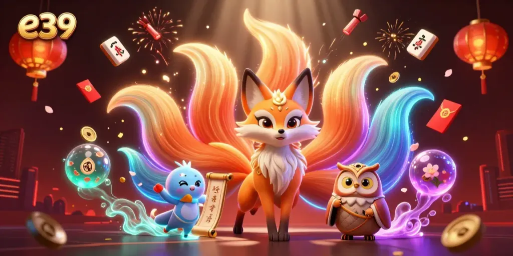Experience e39's vibrant casino scene with a glowing nine-tailed fox, wise owl, and colorful game elements.