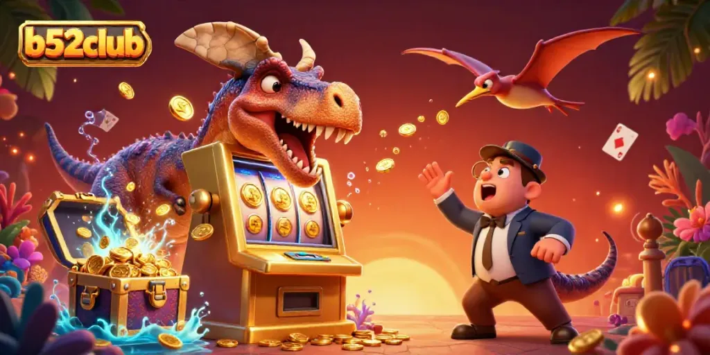 Experience b52club's thrilling jackpot with a pachycephalosaurus winning coins at a golden slot machine.