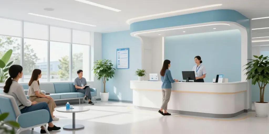 A healthcare clinic showcasing patient care with toto togel services available, featuring a doctor consultation area and wellness center.
