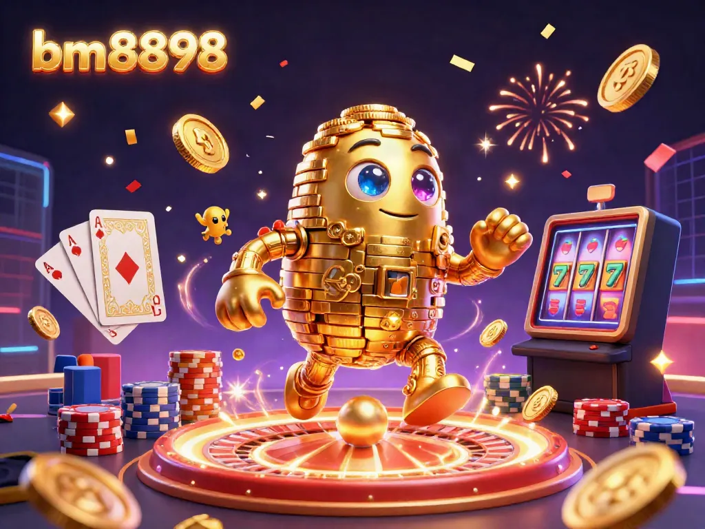 Engage with bm8898's thrilling casino adventures featuring a dynamic golden golem amidst sparkling treasures.