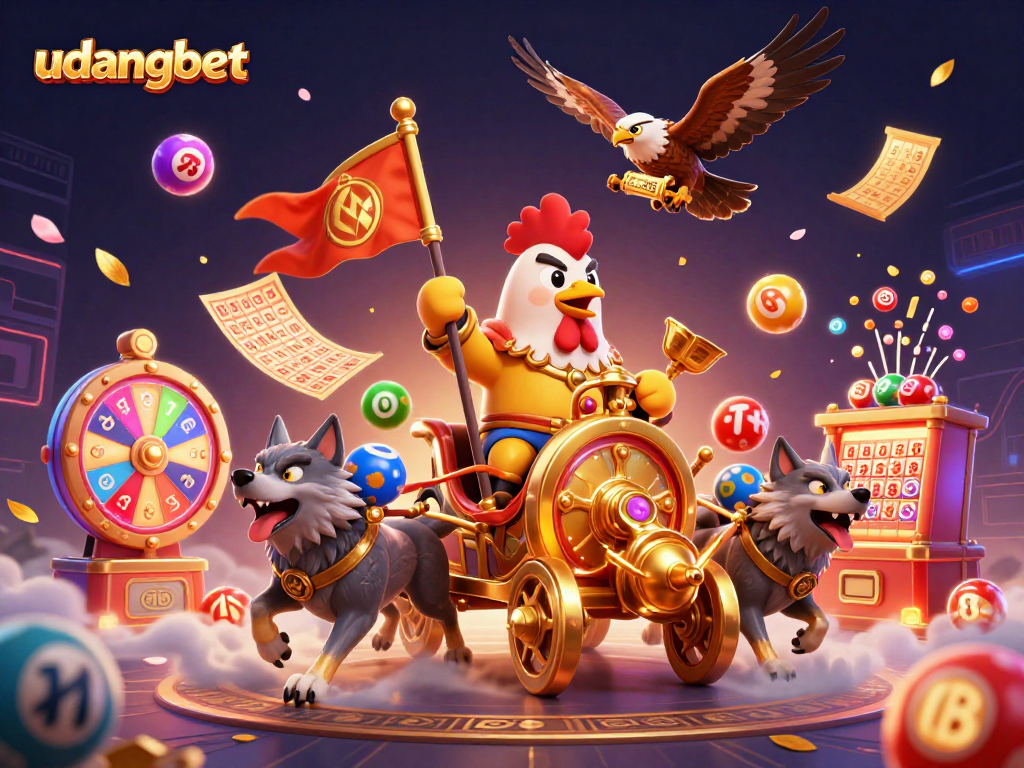 Join udangbet in a vibrant lottery scene with 3D characters and dynamic casino game elements.