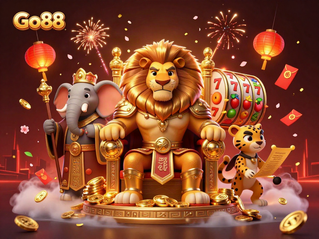Experience thrilling gameplay at Go88 with a dynamic depiction of a lion king, fortune elements, and casino action.