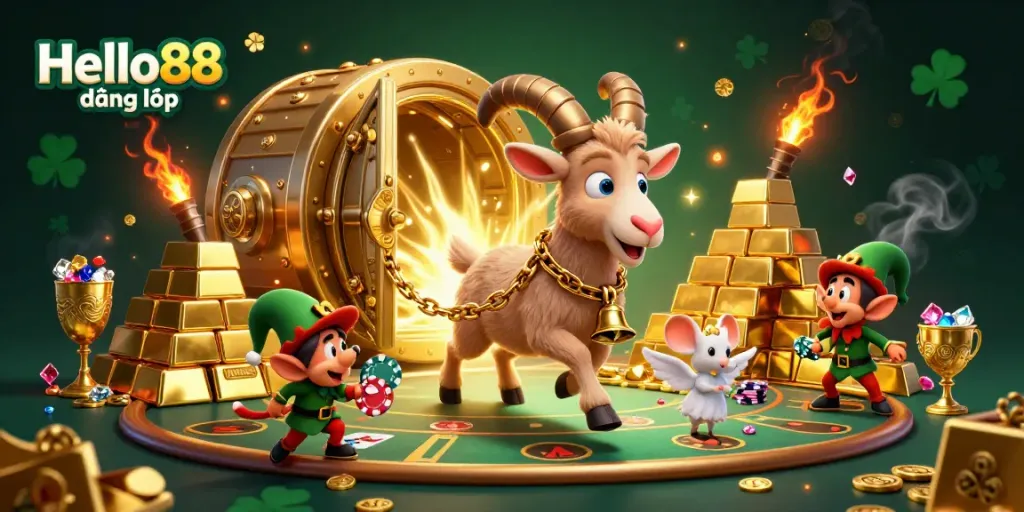 Experience the engaging Hello88 đăng nhập with a fun casino scene featuring a Krampus goat and lively gremlins.