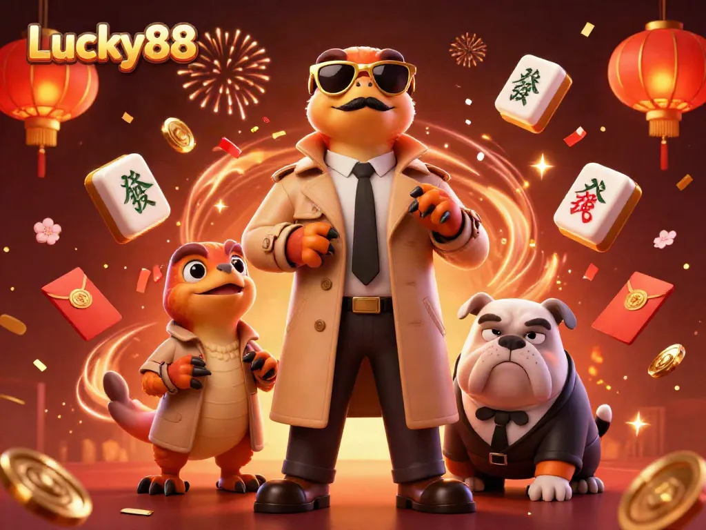 Experience Lucky88 with animated raptors dressed as a tall person and a bulldog bouncer in a festive casino scene.
