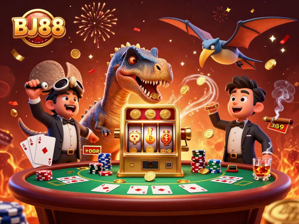 Experience excitement at BJ88 as cartoon dinosaurs celebrate a jackpot win at the casino.