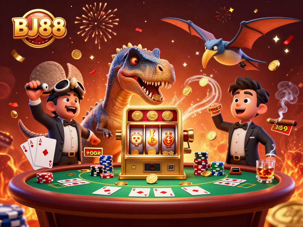 Experience excitement at BJ88 as cartoon dinosaurs celebrate a jackpot win at the casino.