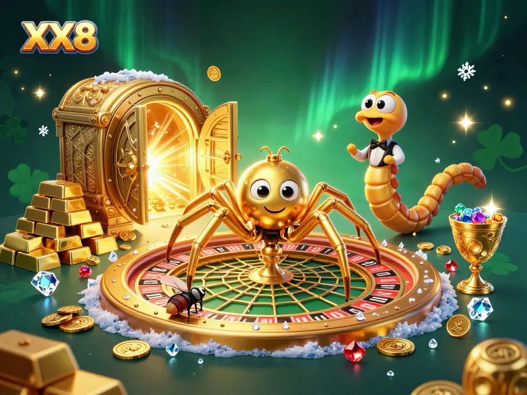 XX8 offers thrilling bets at the roulette wheel, surrounded by sparkling treasures and animated characters.