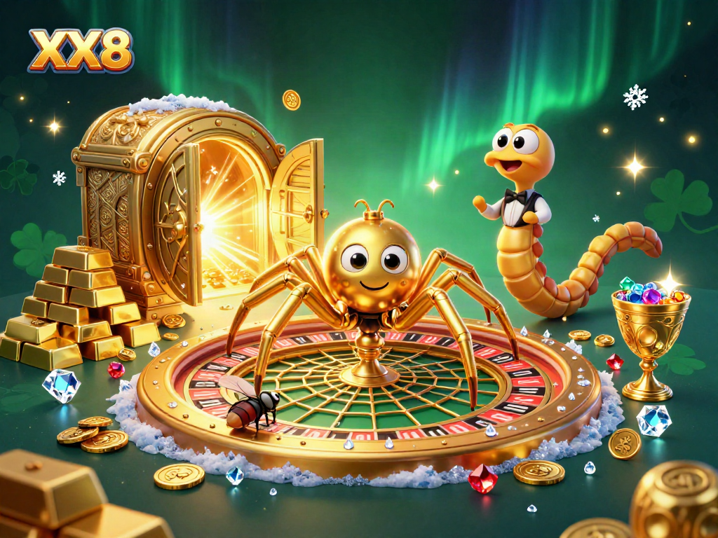 XX8 offers thrilling bets at the roulette wheel, surrounded by sparkling treasures and animated characters.