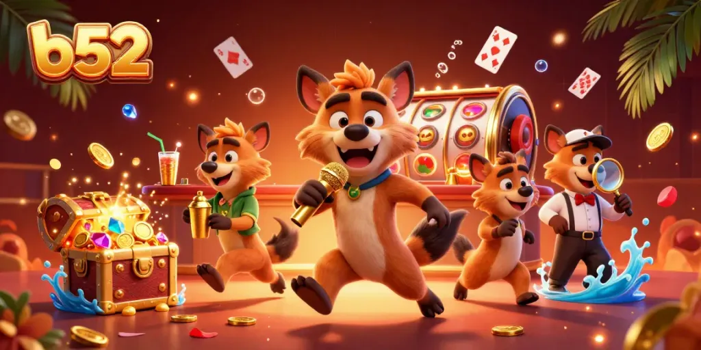 Hyenas in a vibrant comedy casino club scene, showcasing b52 with playful elements and dynamic action.
