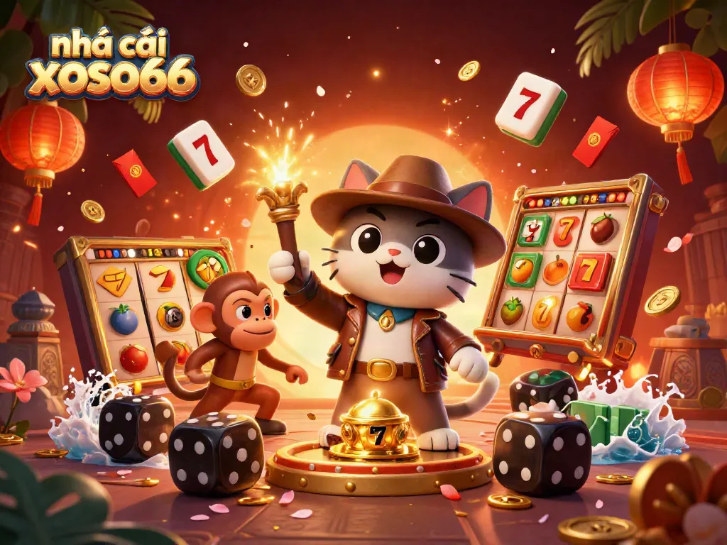 Engage with the vibrant world of nhà cái xoso66 as the cat archaeologist finds golden casino treasures amidst colorful and dynamic elements.