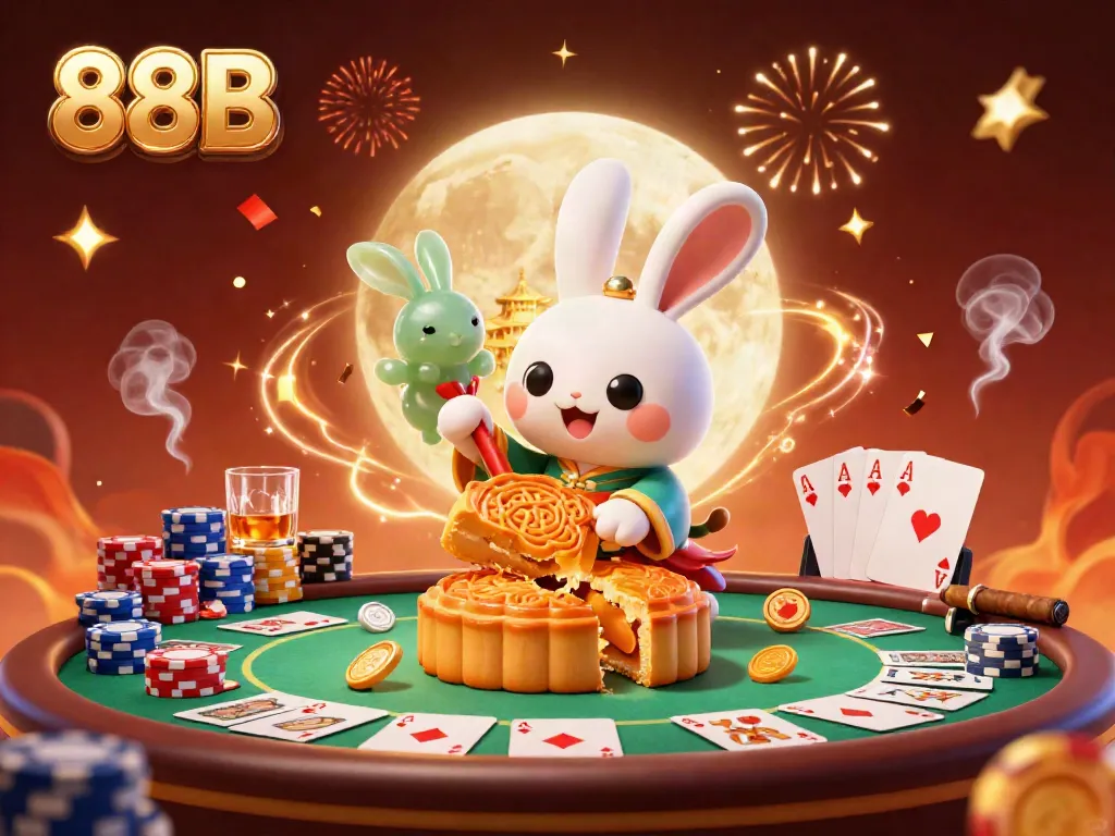Experience the thrill of poker with the 88B moon rabbit amid chip-filled celebrations.