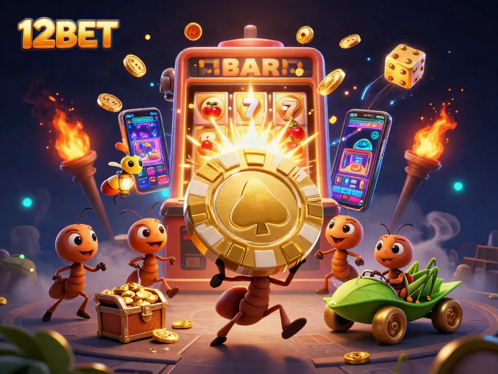 Experience thrilling gameplay with 12BET as cartoon ants carry a giant poker chip in a vibrant casino heist scene.