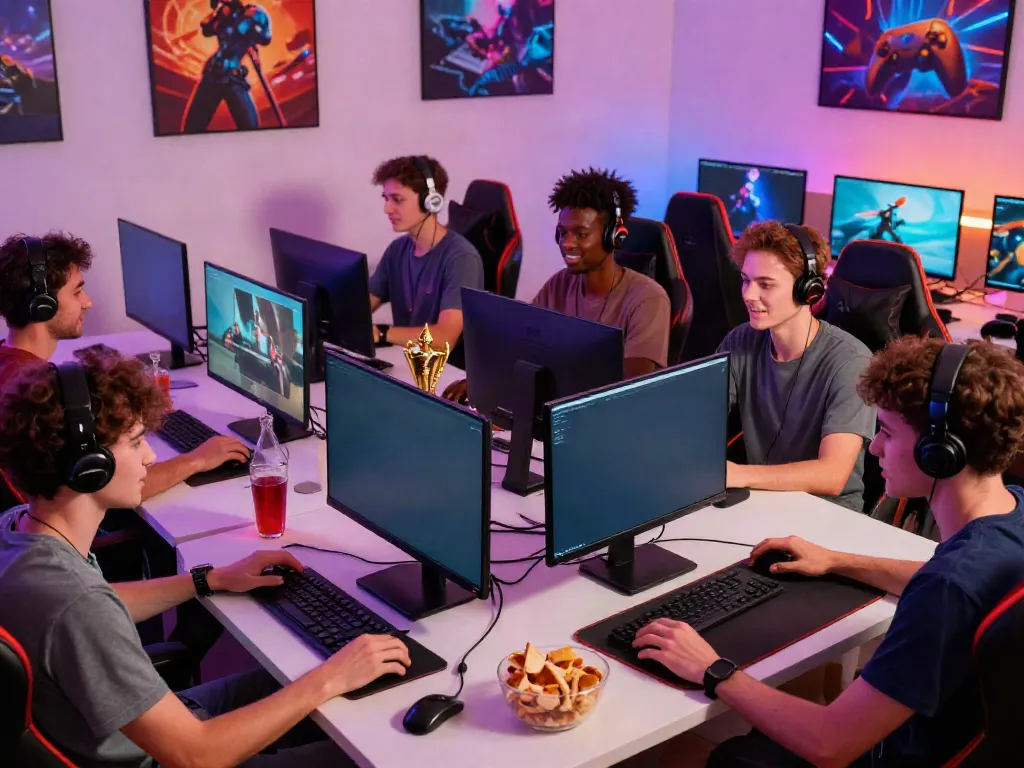 Group of friends enjoying gaming at https://hitclubt3.com/ with vibrant lighting and snacks.