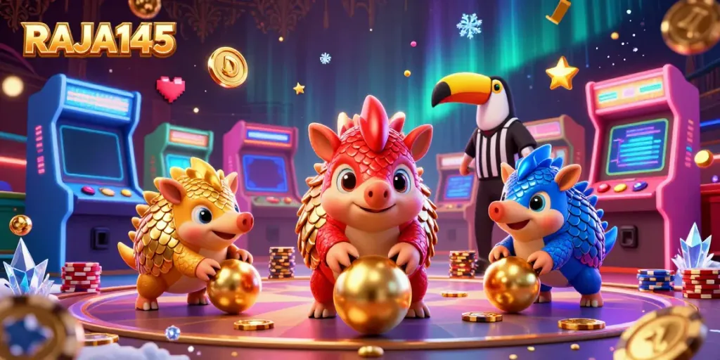 RAJA145 pangolins compete in a vibrant casino-themed arcade scene with chips and gold coins.