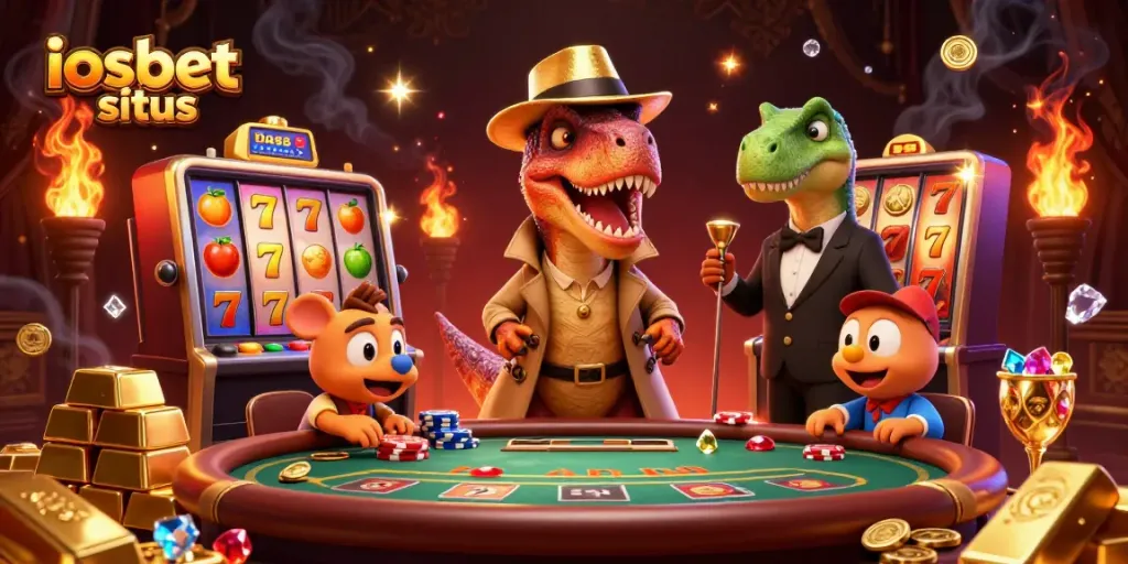 Inilah ilustrasi ceria 3D iosbet situs yang menunjukkan velociraptor di meja blackjack dengan elemen jackpot dan perhiasan emas.