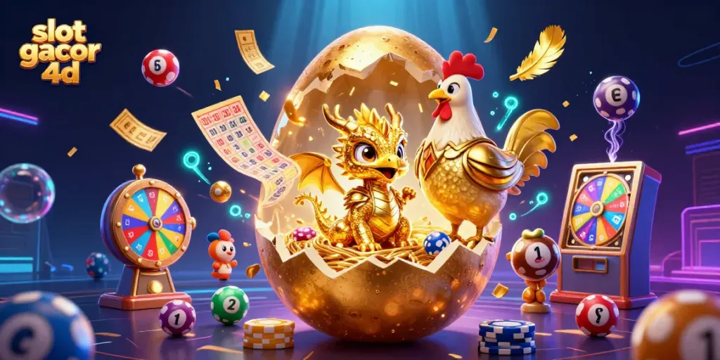 Menang slot gacor 4d dengan ilustrasi 3D naga emas menggemparkan dalam suasana kasino yang meriah.