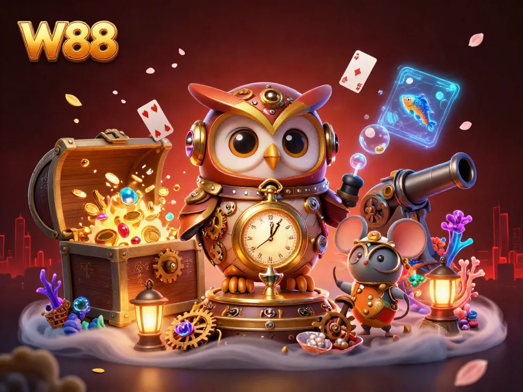 Experience W88’s thrilling games with an enchanting casino scene featuring vibrant characters and dynamic action.