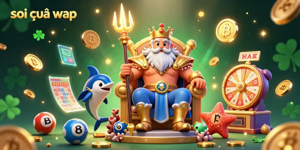 Soi cầu wap lottery insights revealed with a vibrant illustration featuring sea king Neptune surrounded by dynamic game elements.