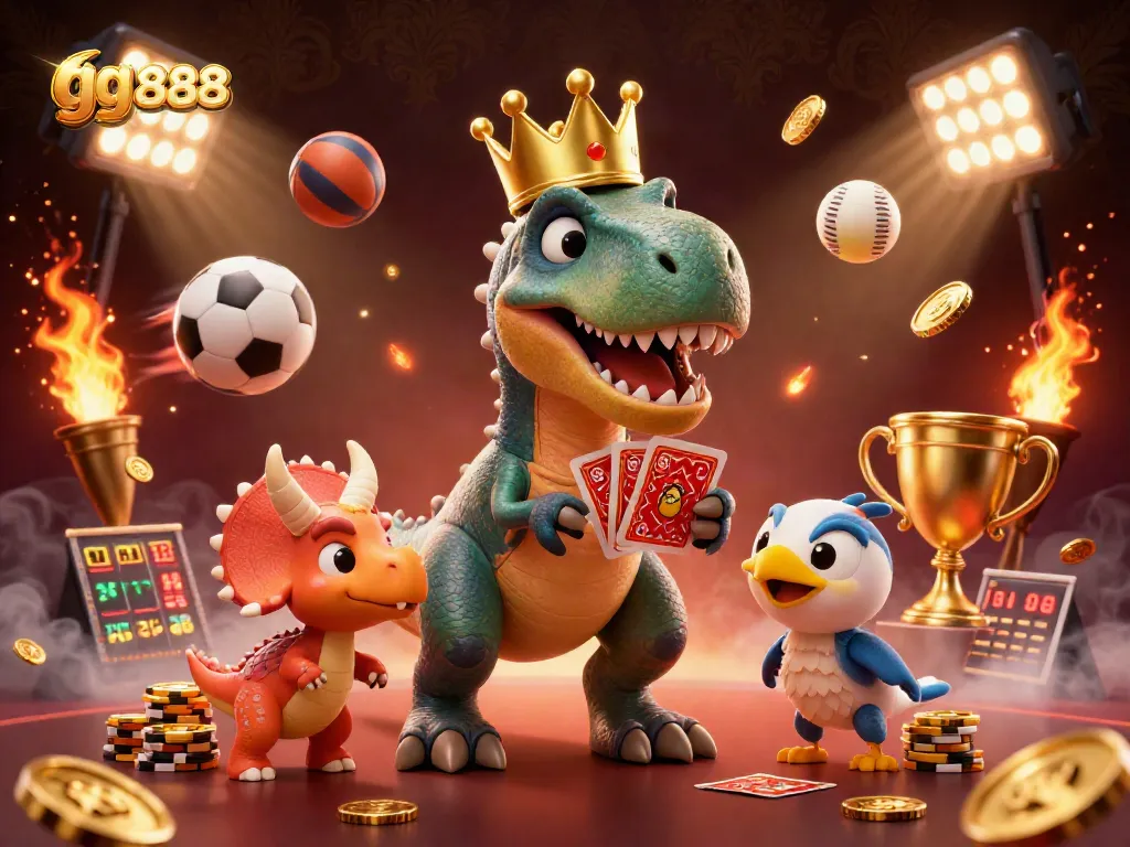 Engage in thrilling gameplay with gg888 as cartoon dinosaurs shuffle cards and stack chips.
