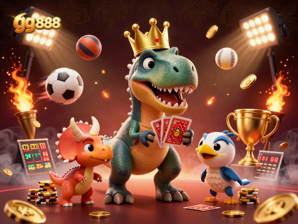 Engage in thrilling gameplay with gg888 as cartoon dinosaurs shuffle cards and stack chips.