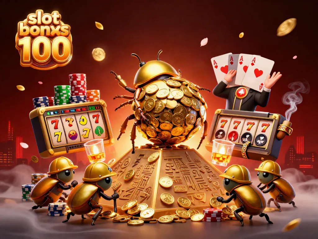 Engaging scene showcasing slot bonus 100 with a golden dung beetle rolling a coin ball, surrounded by vibrant casino elements.