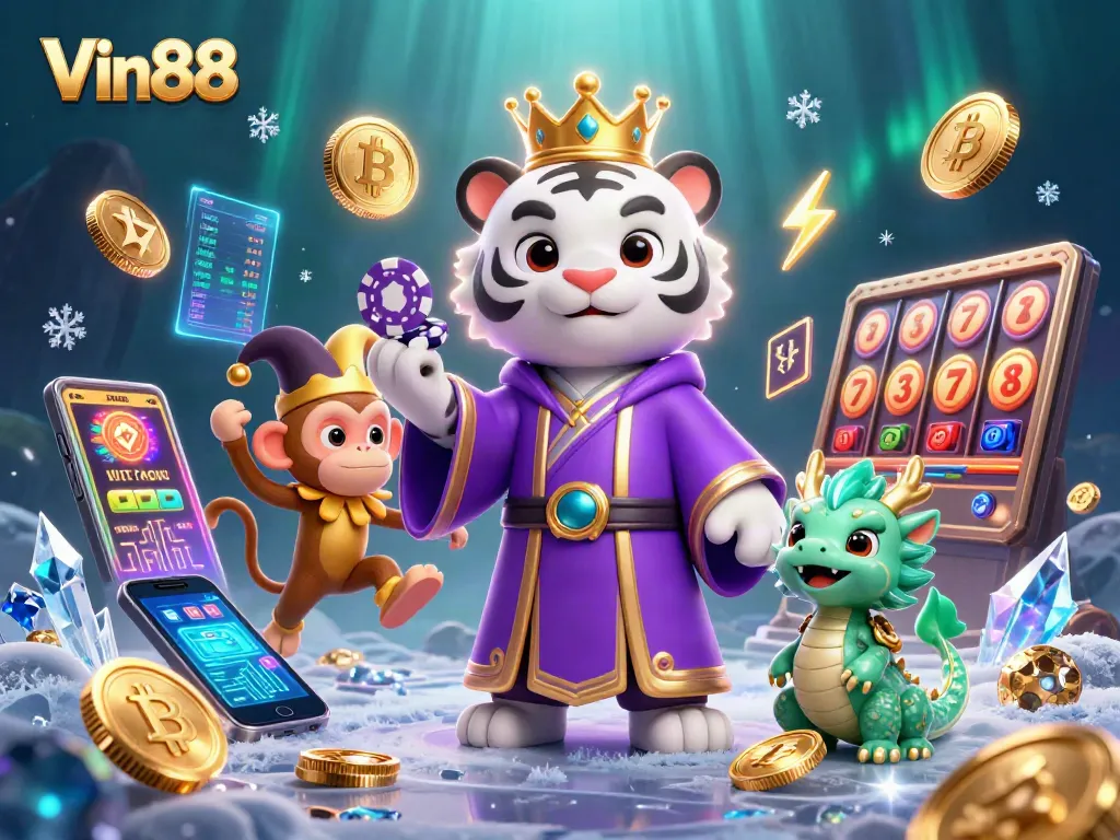 Engage with Vin88 as you play casino games surrounded by a whimsical tiger and dragon in a rich, magical setting.