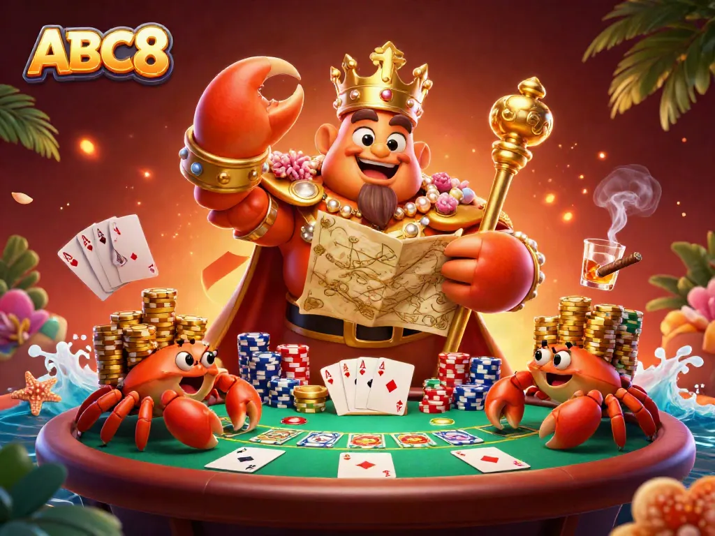 Engage in thrilling poker action at ABC8 with vibrant visuals of a golden crab emperor and dynamic casino elements.