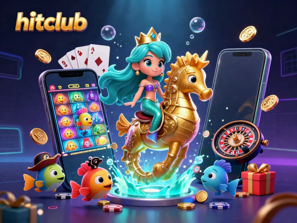 Experience excitement with hitclub's vibrant slot games and enchanting characters in this detailed illustration.