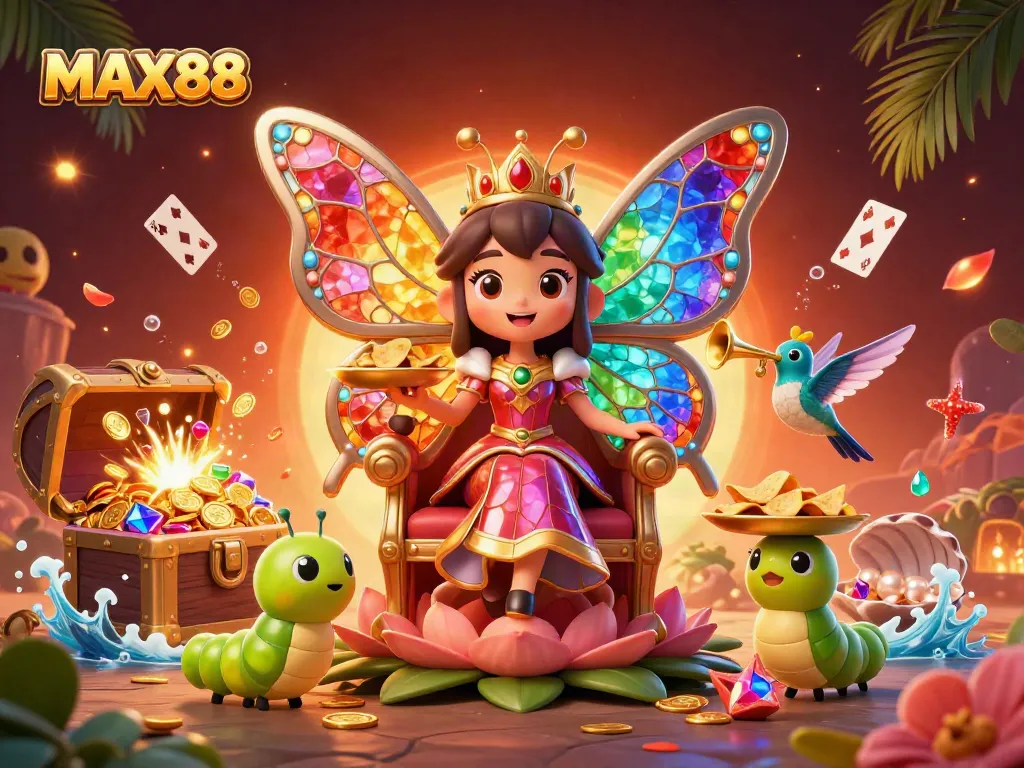 MAX88 offers vibrant gaming excitement with a butterfly queen and rich casino elements in a dynamic scene.