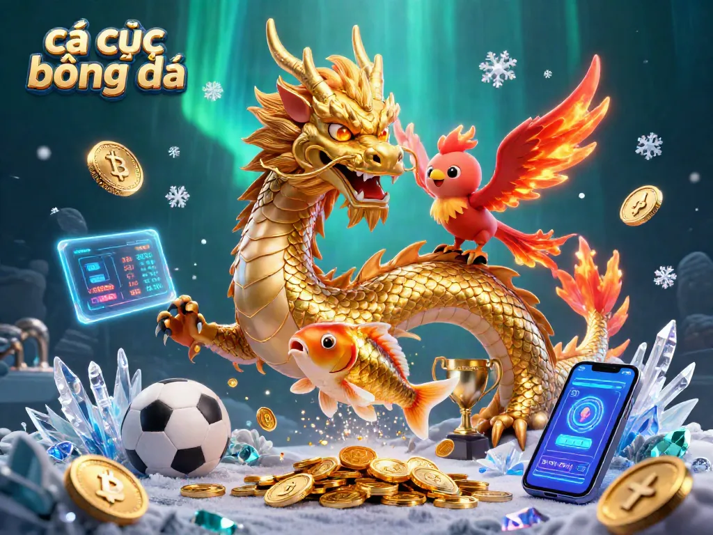 Cá cược bóng đá illustrated featuring a golden dragon, red phoenix, koi fish among betting elements.