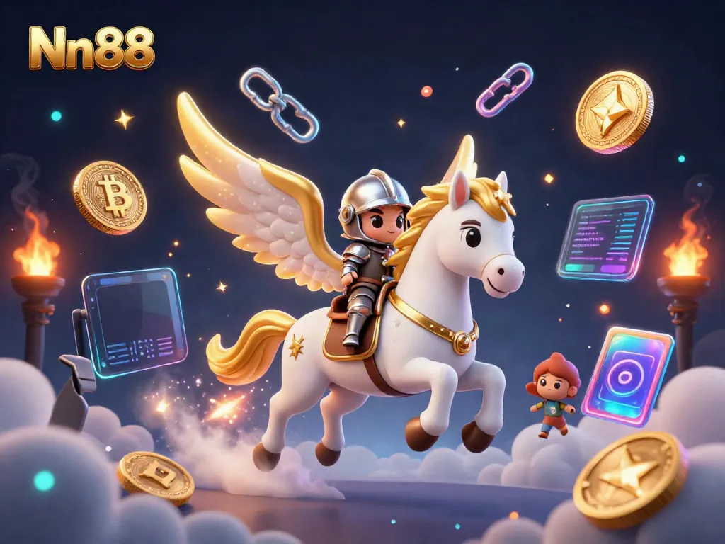 Nn88 offers thrilling gaming experiences with a celestial knight riding a magical horse amidst dazzling crypto elements.