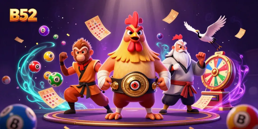 Experience thrilling gaming adventures at B52 with a vibrant illustration depicting excitement and dynamic actions.