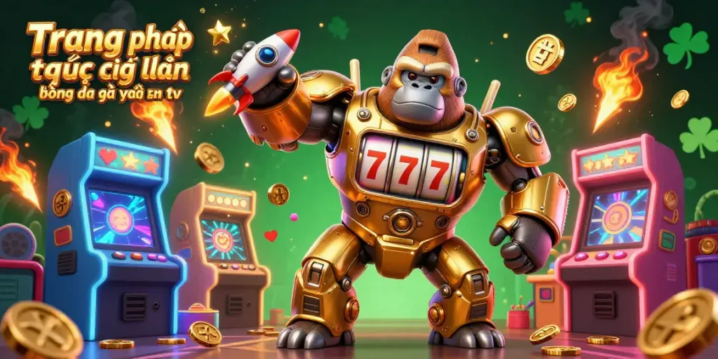 Experience the thrill of Trang phát trực tiếp bóng đá gà vàng tv with a golden gorilla mech surrounded by vibrant gaming elements.