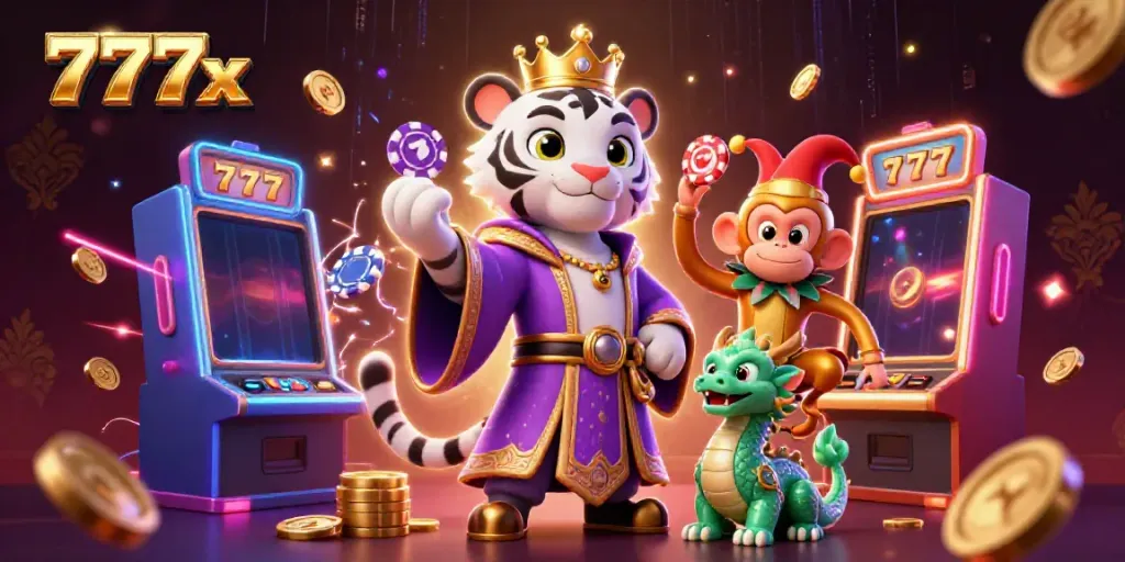 Experience the excitement of 777x with a playful tiger, monkey, and jade dragon surrounded by vibrant slot machines.