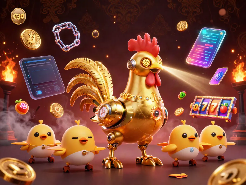 Engage with e39's vibrant gaming universe featuring a golden rooster and crypto elements.