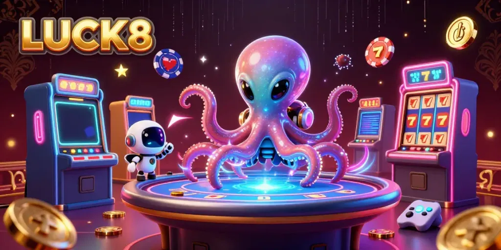 LUCK8 engages players at a bustling holographic casino scene filled with slot machines.