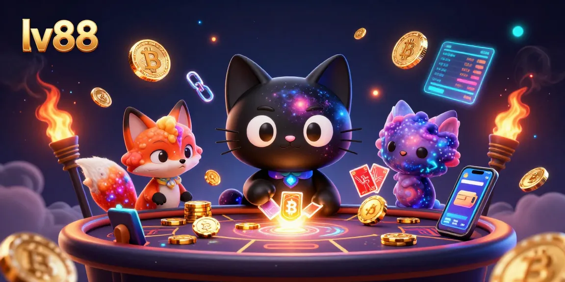 lv88 captivates players at a cosmic casino with a black hole cat pulling in chips and cards.