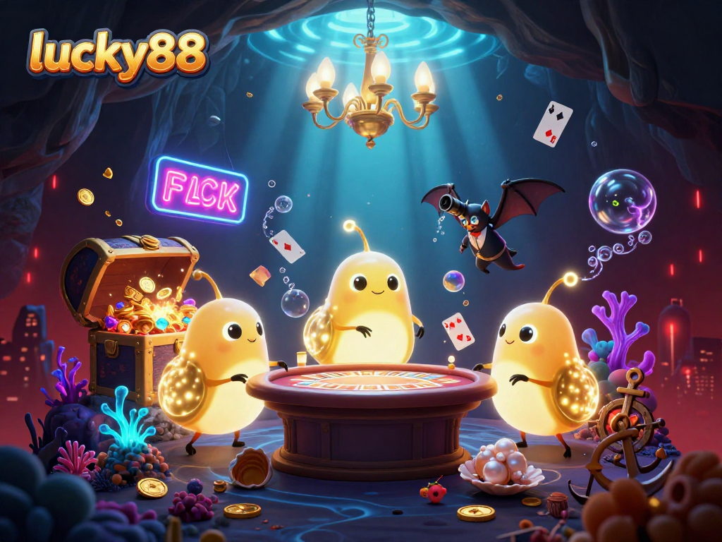 Experience the excitement of lucky88 with a glowworm-lit cave casino illustration, showcasing vibrant game elements.