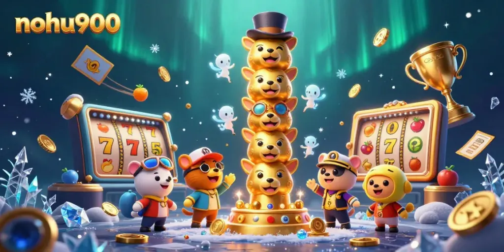 Engage with exciting nohu900 slot gaming on a vibrant casino-themed digital illustration.