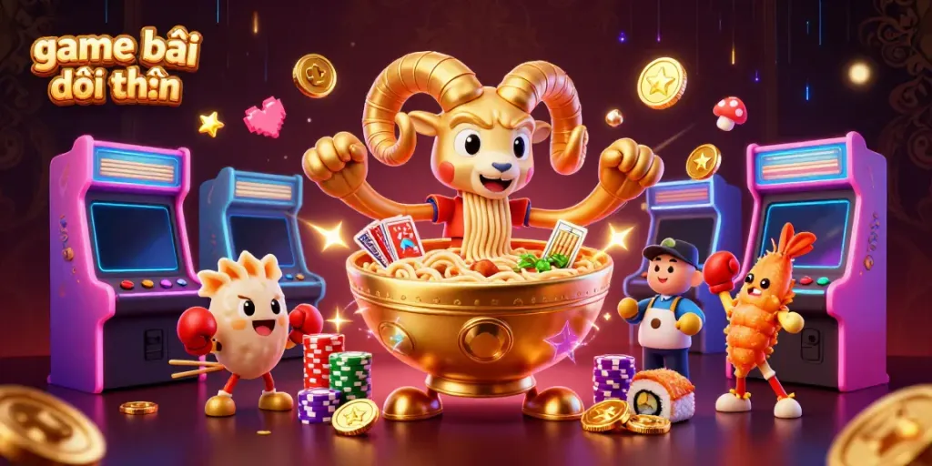 Engaging scene of game bài đổi thưởng with a golden ramen bowl dealer, cards, and chips in a vibrant digital casino.