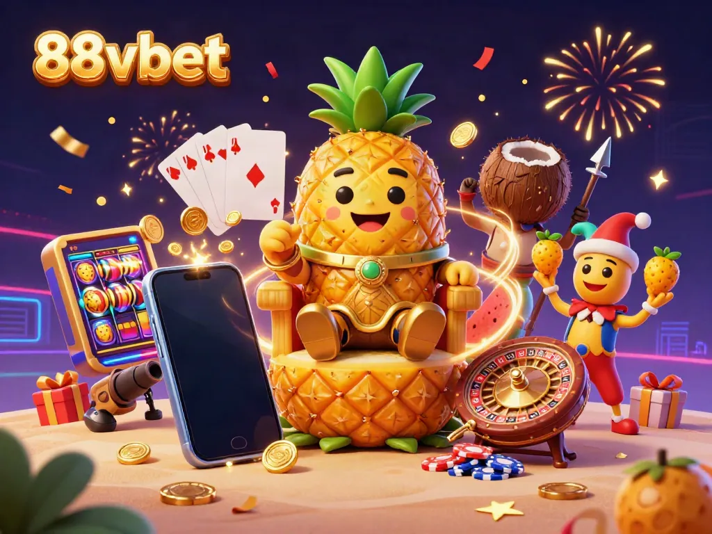 Engage with 88vbet in this vibrant 3D scene featuring the golden pineapple king amidst festive casino elements.