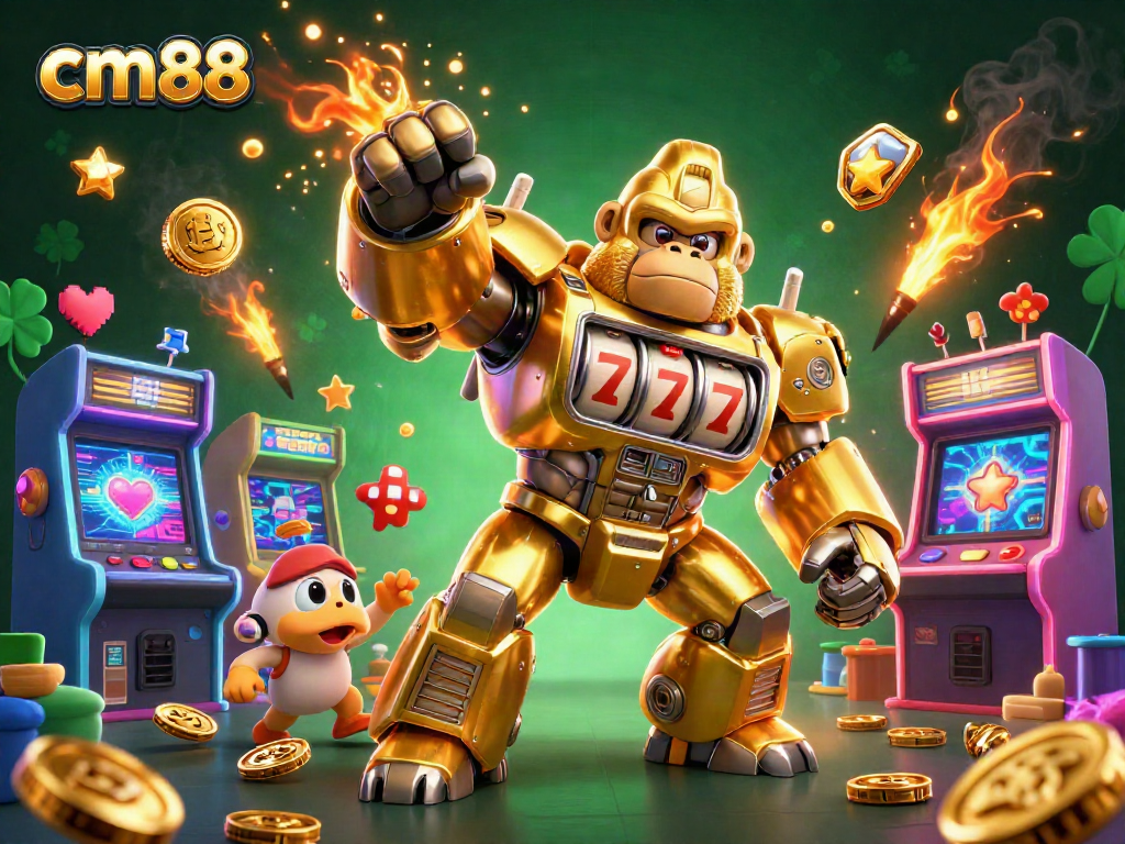Join the cm88 adventure with a golden gorilla mech battling for jackpot wins amidst vibrant gaming elements.