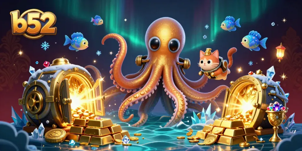 B52 casino adventure with a 3D kraken and treasures, exploring exciting gaming opportunities