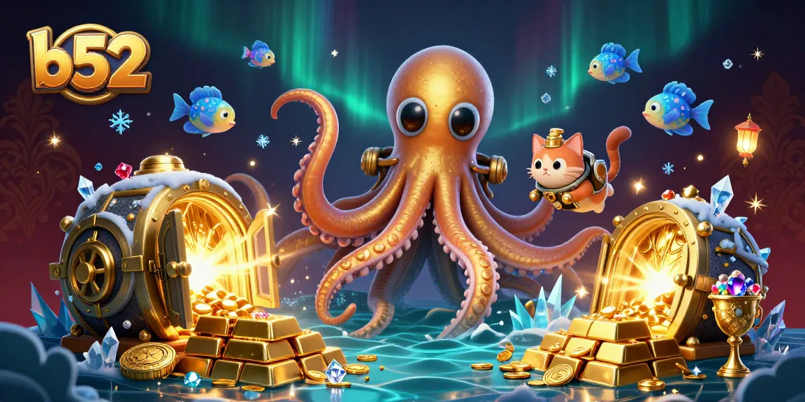B52 casino adventure with a 3D kraken and treasures, exploring exciting gaming opportunities